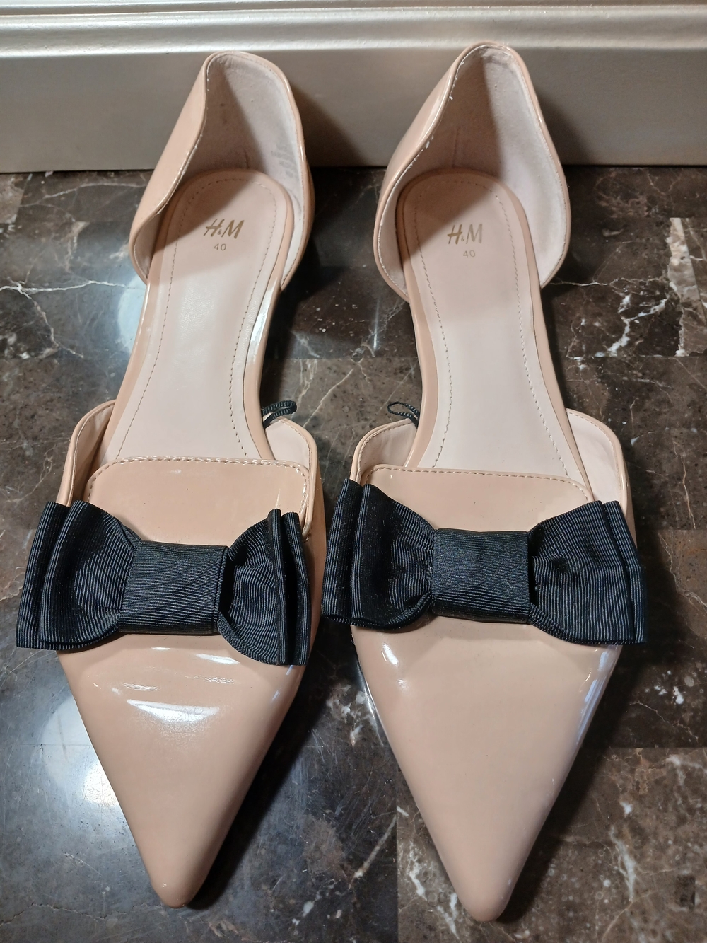 H&M Nude Patent Pointed Flats with Black Bow Accent